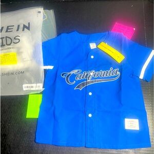 BNWT SHEIN short sleeve button down blue California light cotton shirt size 6Y